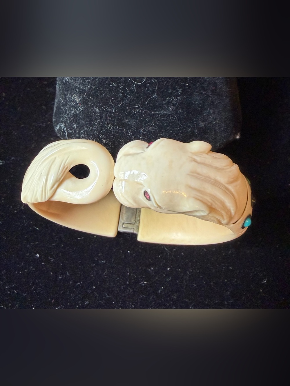 Vintage/ Antique  carved ivory bangle bracelet with lion  head and gem accents.